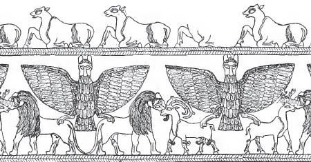 Dibujo sumerio en un jarrón de plata perteneciente al rey Entemena de Lagash, circa 2700 A. C. 