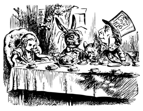 Alicia no termina de salir de su confusión, en el país de las maravillas tiempo y tamaños parecen juegos extraños. Ilustración de John Tenniel original del libro de Lewis Carroll. 