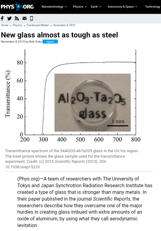  Noticia del descubrimiento de vidrios superfuertes recogida por el blog Phys.org. 